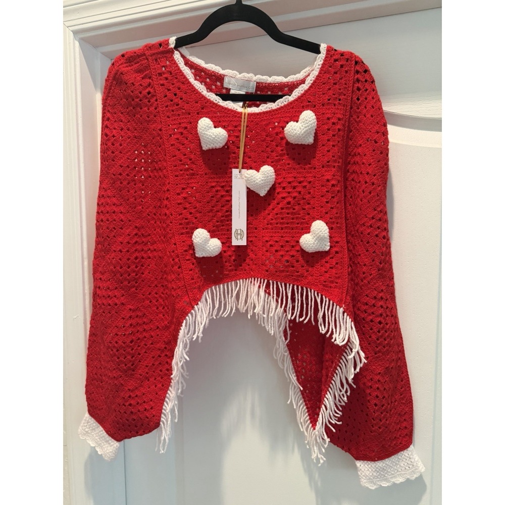 House of Harlow 1960 Open Knit Cropped Sweater Poncho Hearts OS Red White Fringe